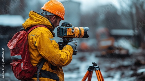 Construction Surveyor in Rainy Weather Capturing Site Measurements with Professional Camera and Tripod for Project Planning and Development