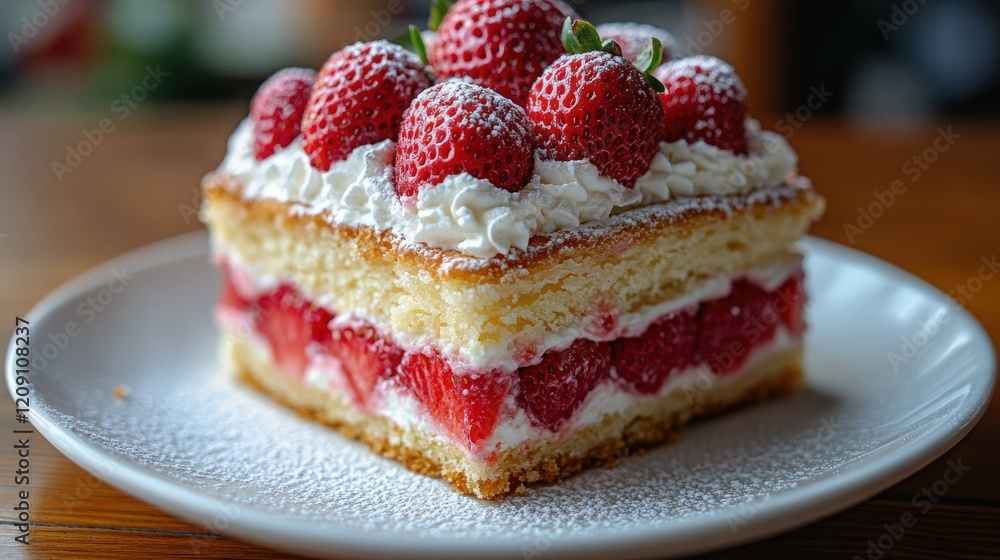 Delicious Layered Strawberry Cake with Whipped Cream and Fresh Berries on a White Plate, Perfect for Celebrations and Dessert Lovers Delicious Layered Strawberry Cake with Whipped Cream and Fresh Berries on a White Plate, Perfect for Celebrations and Dessert Lovers