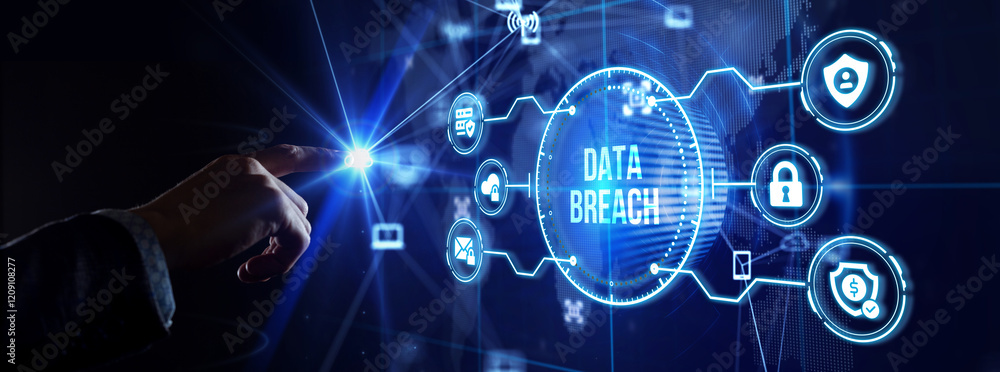 Naklejka premium Digital business and technology concept, virtual screen showing DATA BREACH.