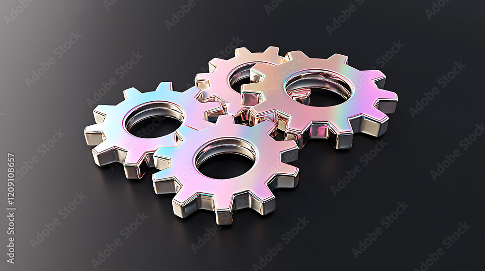 Interlocking iridescent gears metallic cogwheels teamwork technology engineering concept Interlocking iridescent gears metallic cogwheels teamwork technology engineering concept