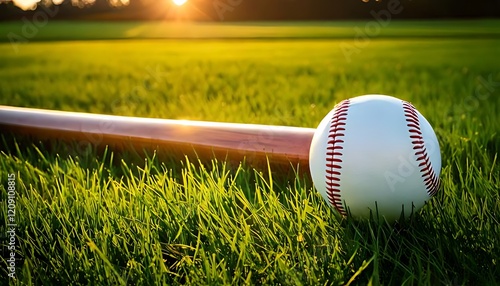 baseball and bat rest peacefully on the sun-drenched grass of a baseball field.
