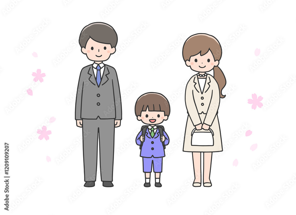 入学式の男の子と両親