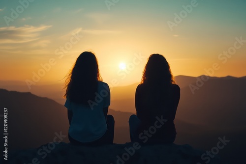 Two women, their silhouettes outlined by the setting sun, gazing over the vast landscape from the mountaintop. photo