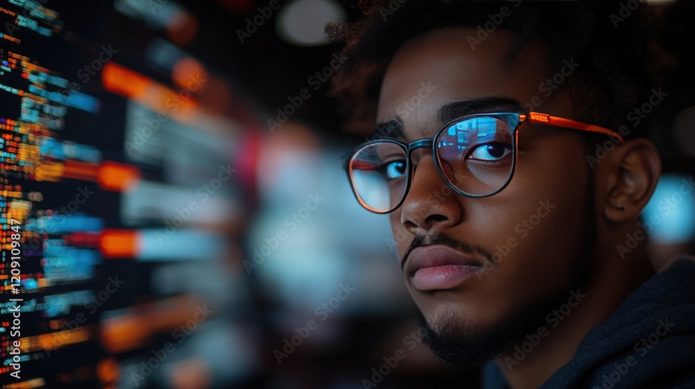 Focused Young Man with Glasses Staring Intently at Multiple Lines of Code on a Dark Background, Representing Technology and Computer Programming Concepts Focused Young Man with Glasses Staring Intently at Multiple Lines of Code on a Dark Background, Representing Technology and Computer Programming Concepts