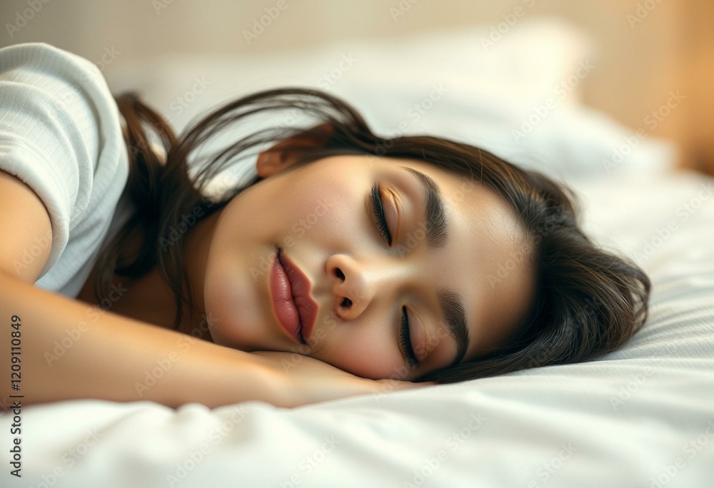 A sleeping female person on a white bed with soft lighting A sleeping female person on a white bed with soft lighting