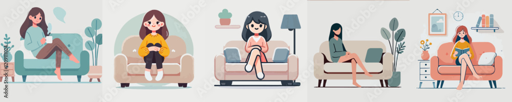 Obraz premium cartoon vector of people relaxing on sofa chair