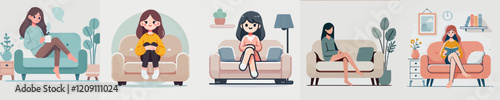 cartoon vector of people relaxing on sofa chair