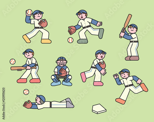 This is a dynamic illustration featuring a set of baseball players in various action poses, including pitching, catching, batting, running, and sliding. The characters are dressed in baseball uniforms