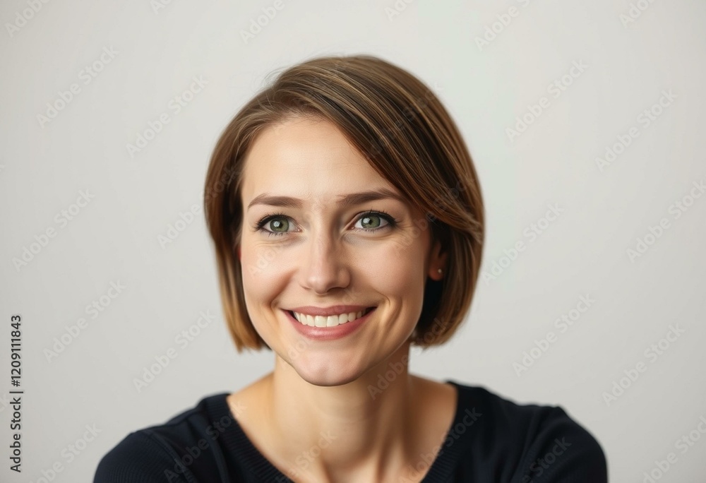 Woman with short hair, smiling, and curious eyes Woman with short hair, smiling, and curious eyes