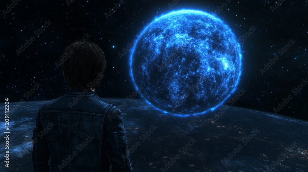 Fototapeta premium Person Gazing at Celestial Event, Blue Nebula Planet