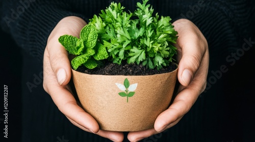 Person Gently Holding Potted Herbs and Plants photo