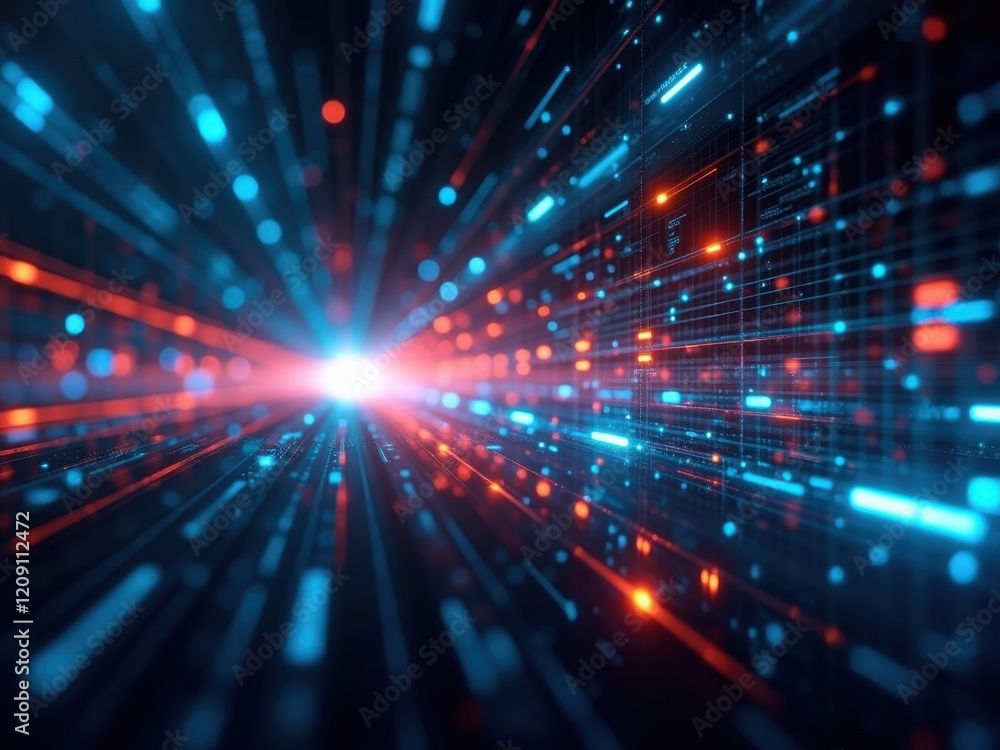 Exploring the intricate patterns of a hightech quantum network showcasing vibrant blue and red light streams Exploring the intricate patterns of a hightech quantum network showcasing vibrant blue and red light streams