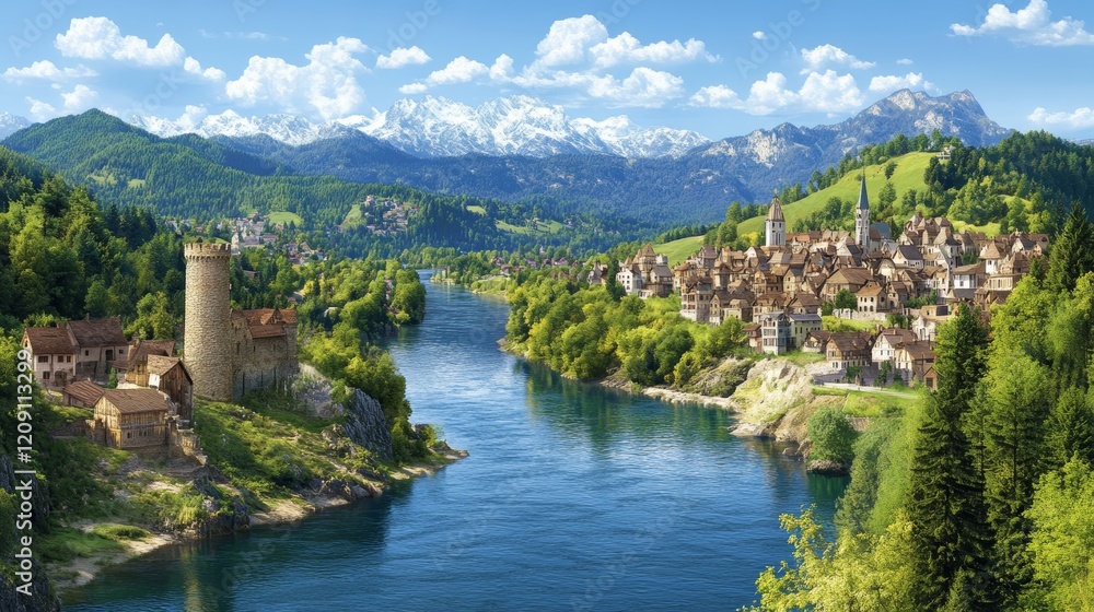 Fototapeta premium Picturesque River Valley Village Alpine Castle Scenery