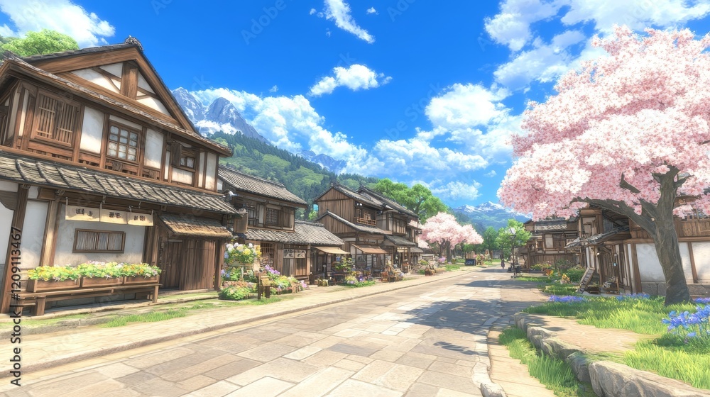 Fototapeta premium Picturesque Village Street Spring Cherry Blossoms Mountains