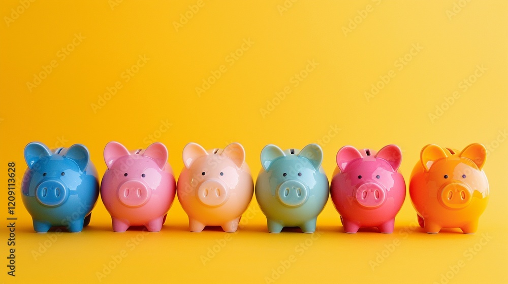 Group of colorful piggy banks on yellow background. Group of colorful piggy banks on yellow background.