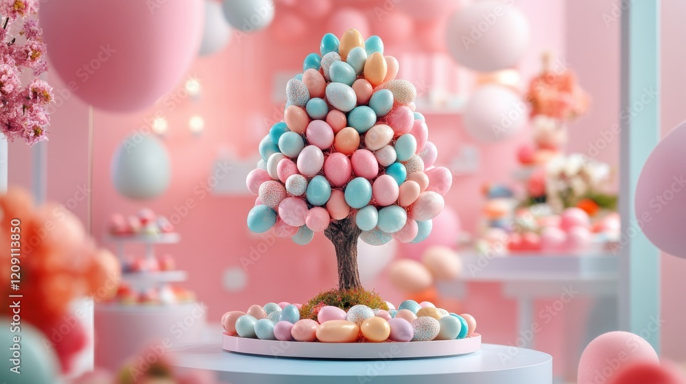 A creative Easter egg topiary tree made of mini eggs in pastel hues A creative Easter egg topiary tree made of mini eggs in pastel hues
