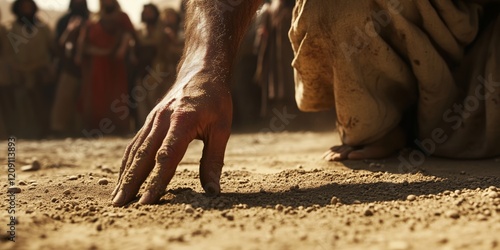 Extreme Close-Up of Jesus' Compassionate Face in a Cinematic Depiction of the Biblical Scene from John 8 photo