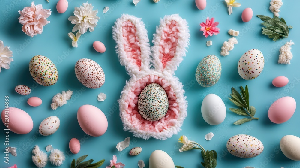 Flat lay of Easter eggs with bunny ear props for a playful touch Flat lay of Easter eggs with bunny ear props for a playful touch