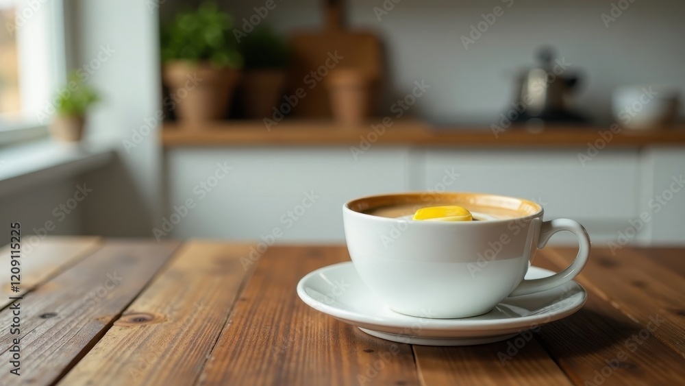 Morning beverage on rustic wood surface in a bright kitchen Morning beverage on rustic wood surface in a bright kitchen
