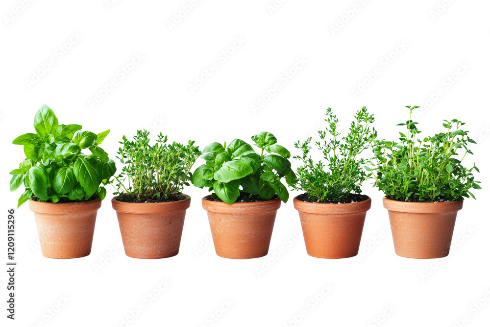 Herb garden display with basil, thyme, oregano, and mint in terracotta pots isolated on transparent background Herb garden display with basil, thyme, oregano, and mint in terracotta pots isolated on transparent background