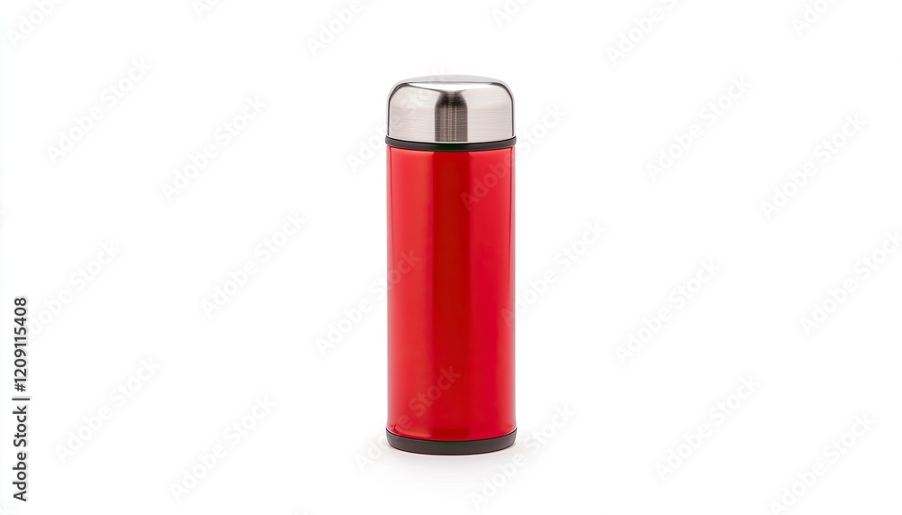 Bright red thermos bottle standing upright on a white background, ideal for outdoor activities Bright red thermos bottle standing upright on a white background, ideal for outdoor activities