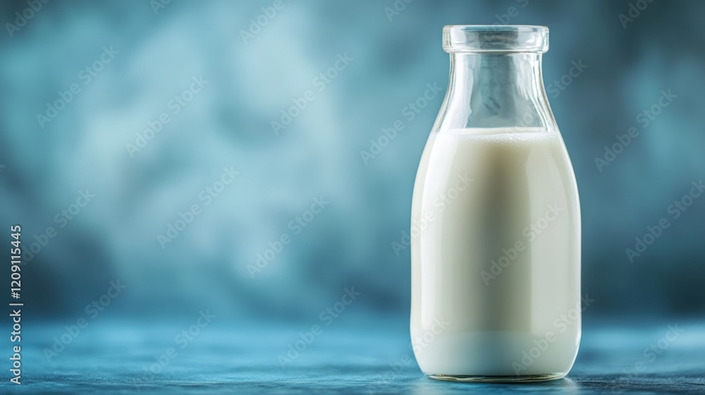 Glass bottle filled with fresh milk on blue background. Glass bottle filled with fresh milk on blue background.