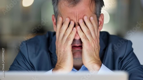 Frustrated businessman experiencing problems looking at the camera in front of his laptop computer at work	
