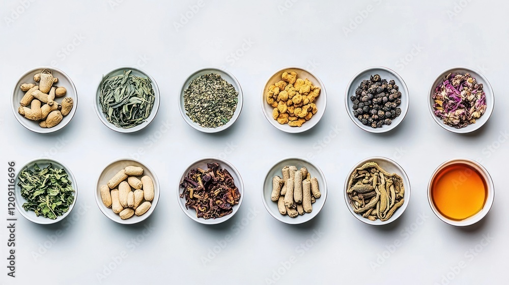 Herbal tea ingredients arranged on white background, showcasing diverse blends for wellness. Herbal tea ingredients arranged on white background, showcasing diverse blends for wellness.
