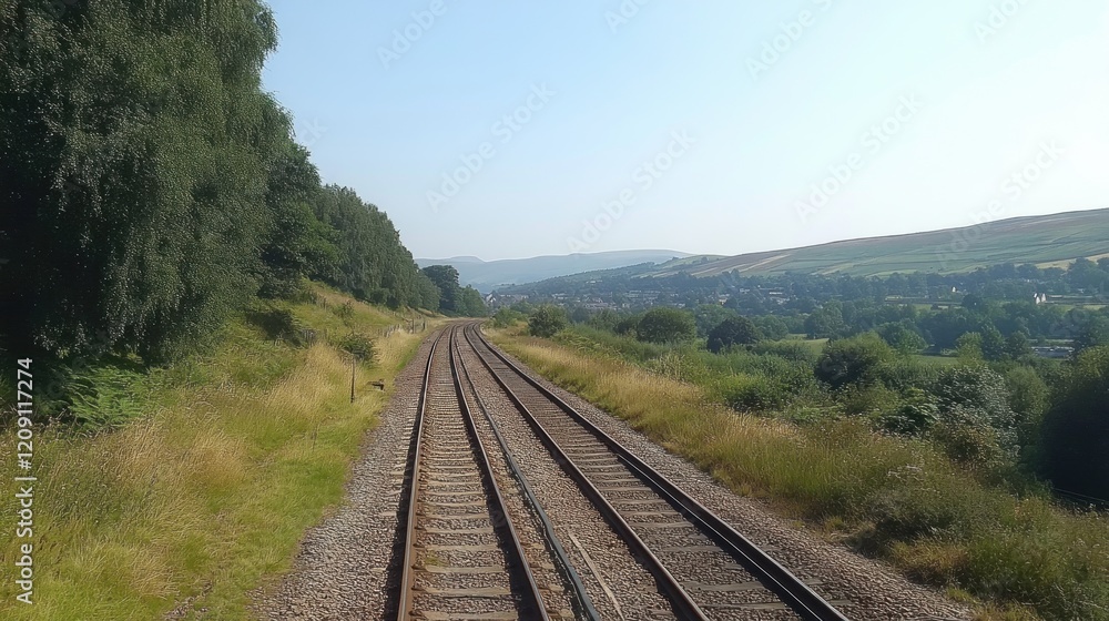 Train tracks disappearing into a valley landscape on a sunny day. Train tracks disappearing into a valley landscape on a sunny day.