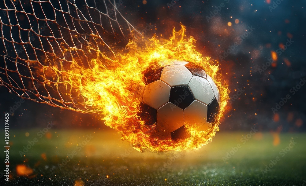 Fototapeta premium Dynamic Flaming Soccer Ball Burst Through Net With Dramatic Lighting