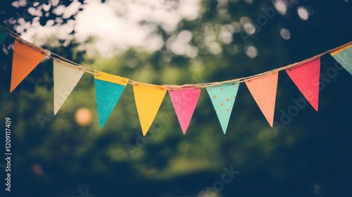 Brightly colored bunting hangs between trees at a summer garden party, bringing a lively charm to the outdoor celebration with guests mingling photo