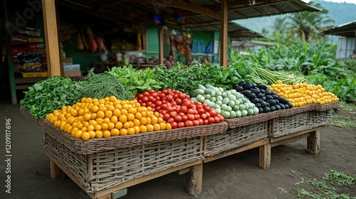 Vibrant Display of Fresh Vegetables and Fruits at a Local Market Stall Surrounded by Lush Greenery Inviting Healthy Choices for Cooking and Eating