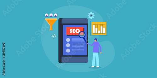 Mobile SEO, audience browsing search page on smartphone screen, content optimization and digital marketing technology vector illustration.