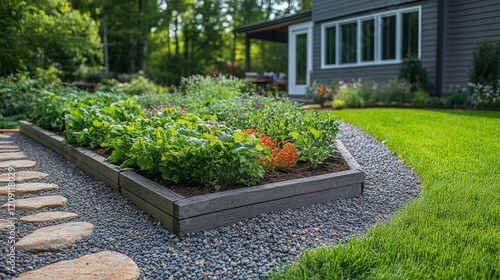 Vibrant Home Vegetable Garden with Fresh Produce and Curved Pathway Surrounded by Lush Greenery and Modern House in Background