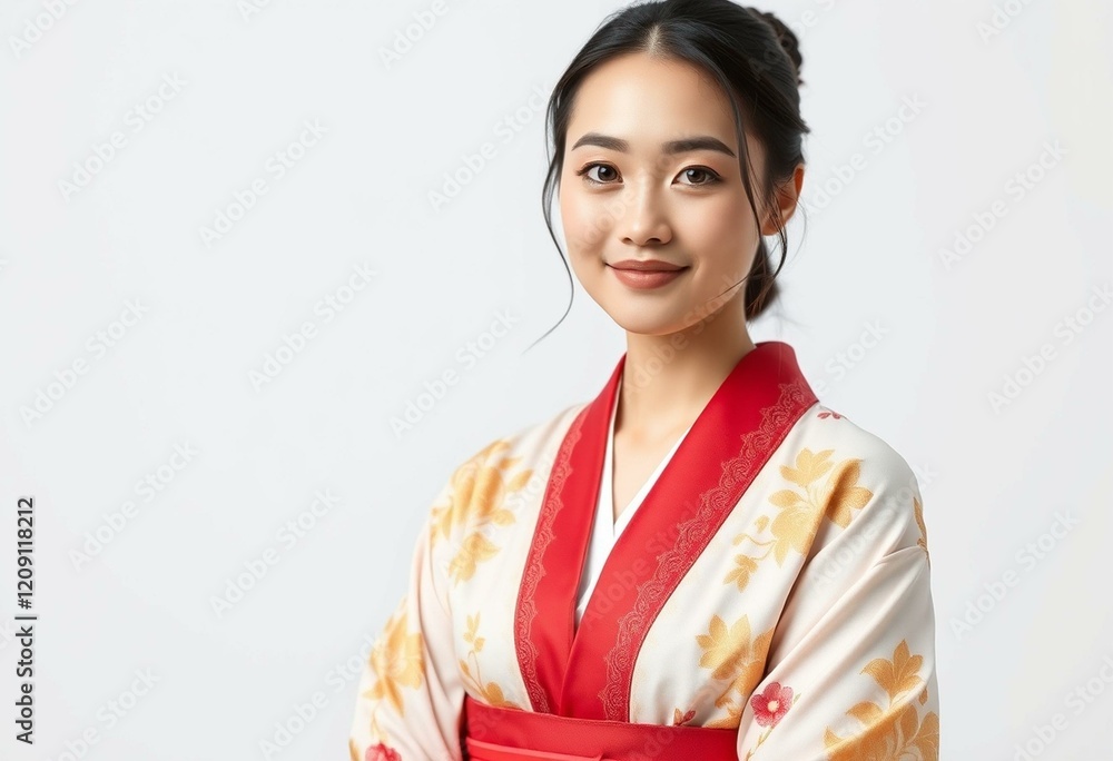 Woman in traditional Japanese kimono with golden embroidery Woman in traditional Japanese kimono with golden embroidery