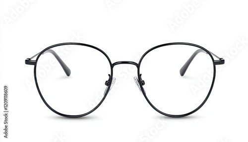 Elegant round glasses with a sleek black frame, isolated on a white background, ideal for fashion photo