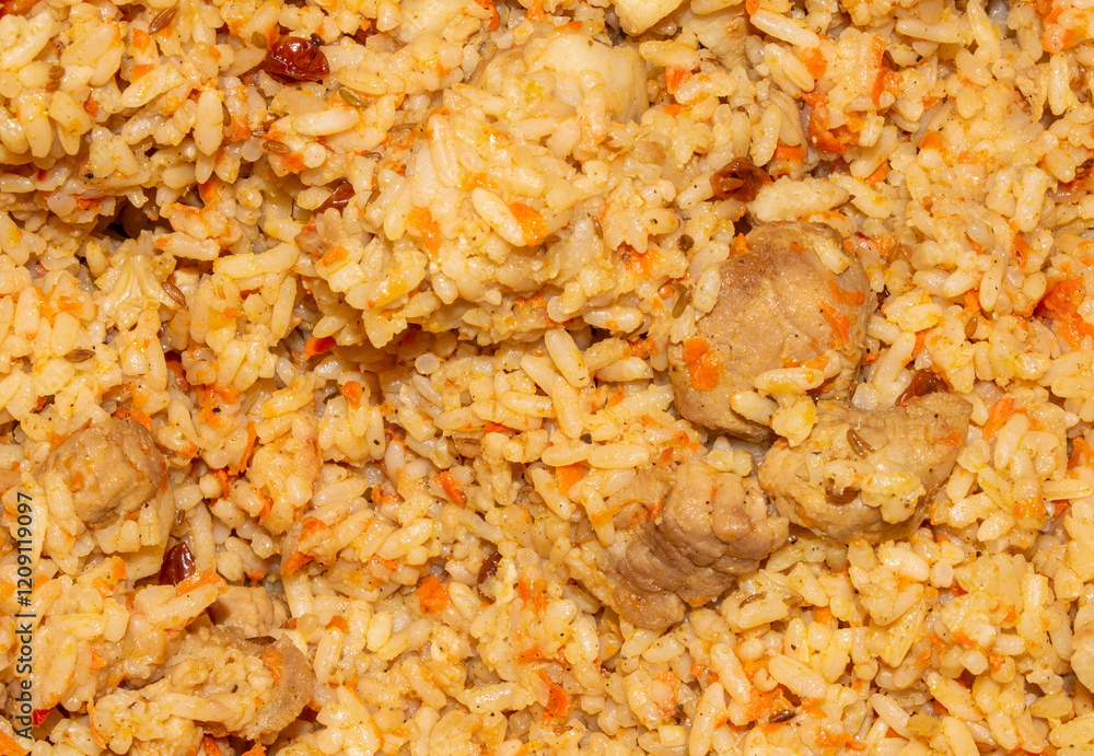 Uzbek pilaf with meat and seasonings.Pilaf with mutton meat background.Homemade lamb pilaf. Uzbek pilaf with meat and seasonings.Pilaf with mutton meat background.Homemade lamb pilaf.