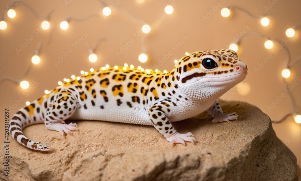 A vibrant leopard gecko soaks up warmth from a festive heat rock adorned with tiny Christmas lights, surrounded by a soft beige backdrop. The gecko's intricate scales and the textured rock A vibrant leopard gecko soaks up warmth from a festive heat rock adorned with tiny Christmas lights, surrounded by a soft beige backdrop. The gecko's intricate scales and the textured rock