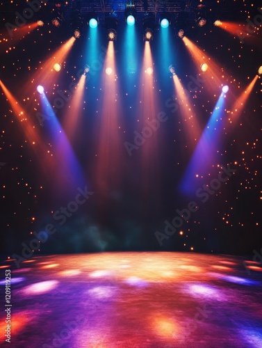 Theater stage light background with spotlight illuminated the stage. Empty stage with bright colors backdrop decoration. Entertainment show. 