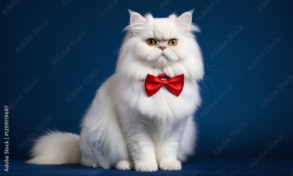 A luxurious white Persian cat adorned with a vibrant red bow tie, posing elegantly on a deep blue backdrop. The intricate fur texture and accessory details are accentuated by studio lighti A luxurious white Persian cat adorned with a vibrant red bow tie, posing elegantly on a deep blue backdrop. The intricate fur texture and accessory details are accentuated by studio lighti
