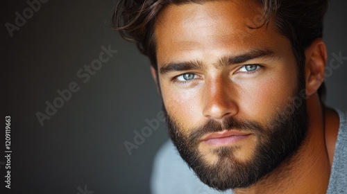 Handsome man portrait, studio, dark background, intense gaze, advertising