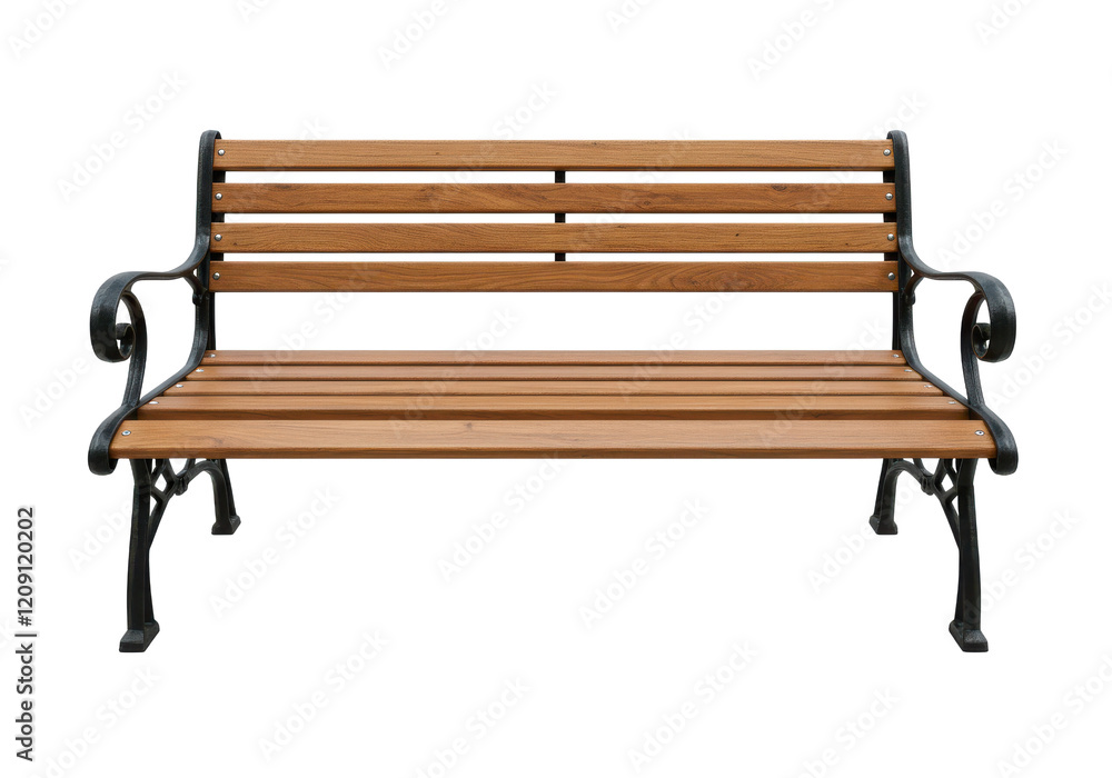 Classic wooden park bench with horizontal slats and decorative metal armrests, isolated on a white background Classic wooden park bench with horizontal slats and decorative metal armrests, isolated on a white background