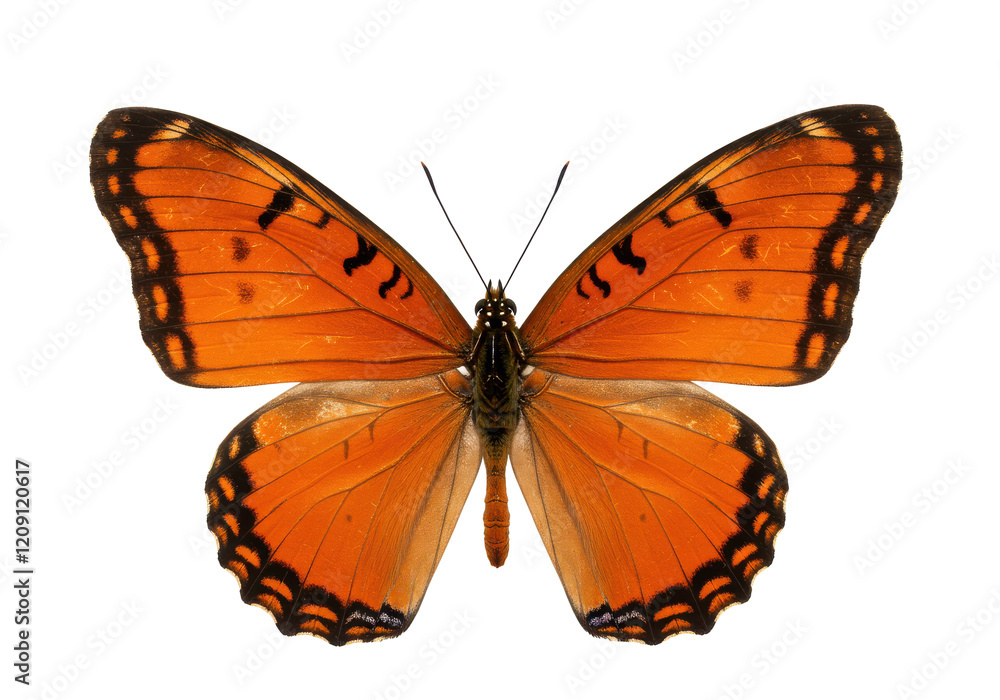 Obraz premium Vibrant orange and black butterfly with detailed wing patterns, isolated on a white background