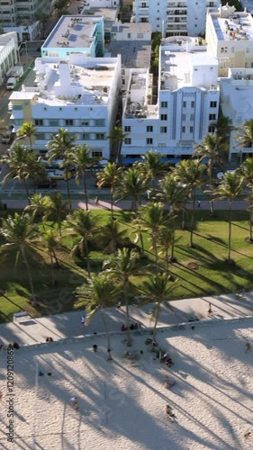 An aerial view of the stunning Miami Beach reveals its lush green parks, towering palm trees, and the vibrant, colorful architecture that characterizes this everpopular sunny destination in Florida photo