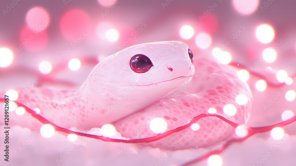 Pink Snake in Festive Lights, Dreamlike Scene Pink Snake in Festive Lights, Dreamlike Scene