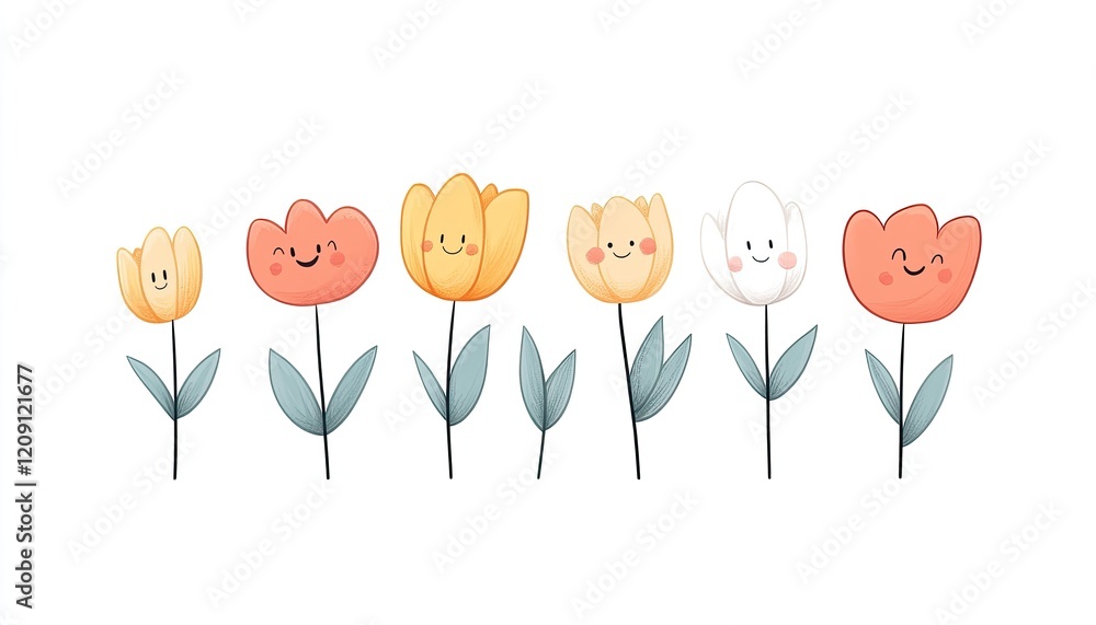 Cheerful cartoon flowers with smiling faces on white background, ideal for children's designs Cheerful cartoon flowers with smiling faces on white background, ideal for children's designs