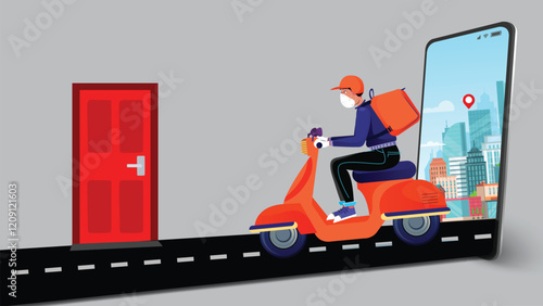 A delivery person on an orange scooter is emerging from a smartphone screen, symbolizing online delivery services. A red door is in the background.