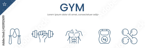 GYM icons set.  exercise, lifestyle, sport, strength and trainer . Vector Illustration