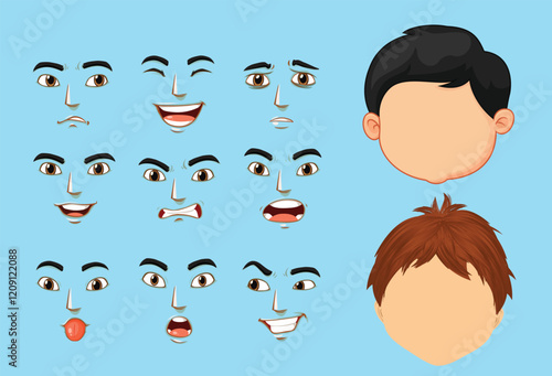 Various cartoon facial expressions and two different hairstyles. The expressions include anger, surprise, happiness, and more.