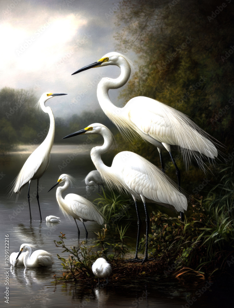 A serene scene of elegant white egrets gathered near a tranquil waterway, showcasing their stunning plumage and peaceful coexistence amidst nature's picturesque backdrop. A serene scene of elegant white egrets gathered near a tranquil waterway, showcasing their stunning plumage and peaceful coexistence amidst nature's picturesque backdrop.